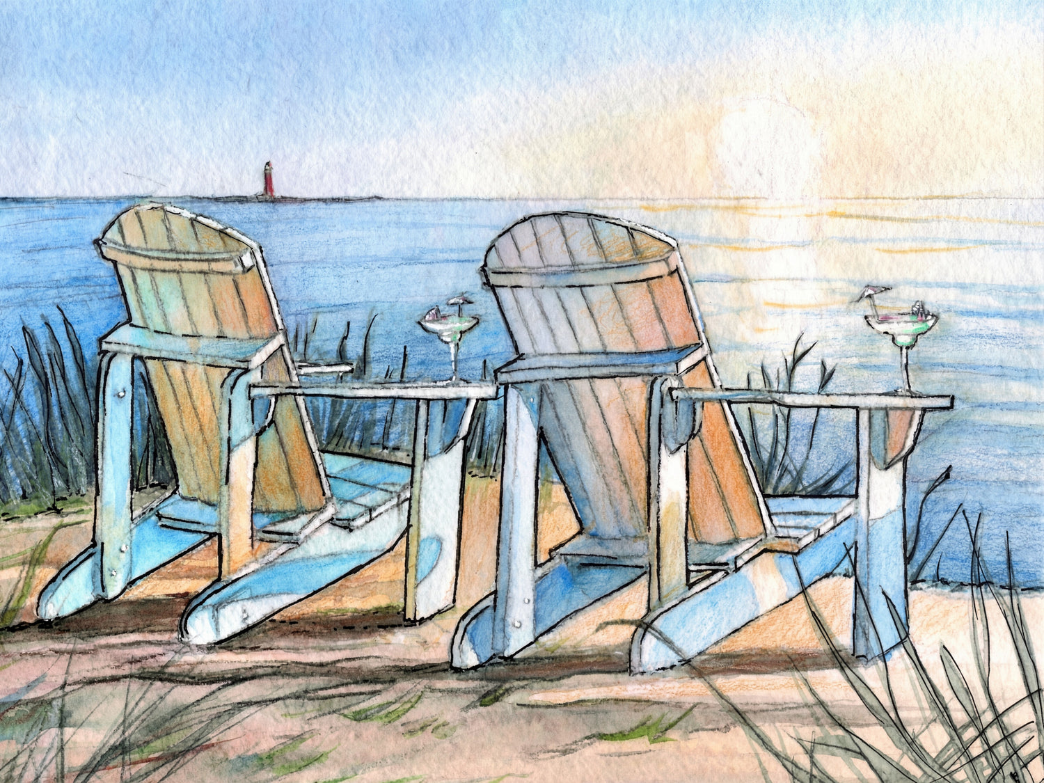 Watercolor art print of two Adirondack chairs facing the ocean at sunset with soft beach grass and warm golden light on the water