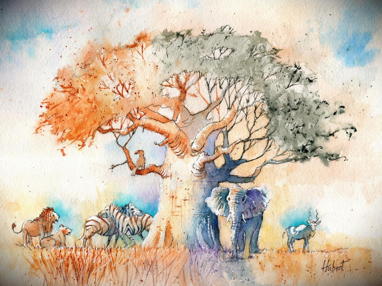 Watercolor painting of African savannah wildlife with elephant, zebras, lion and antelope beneath a large tree