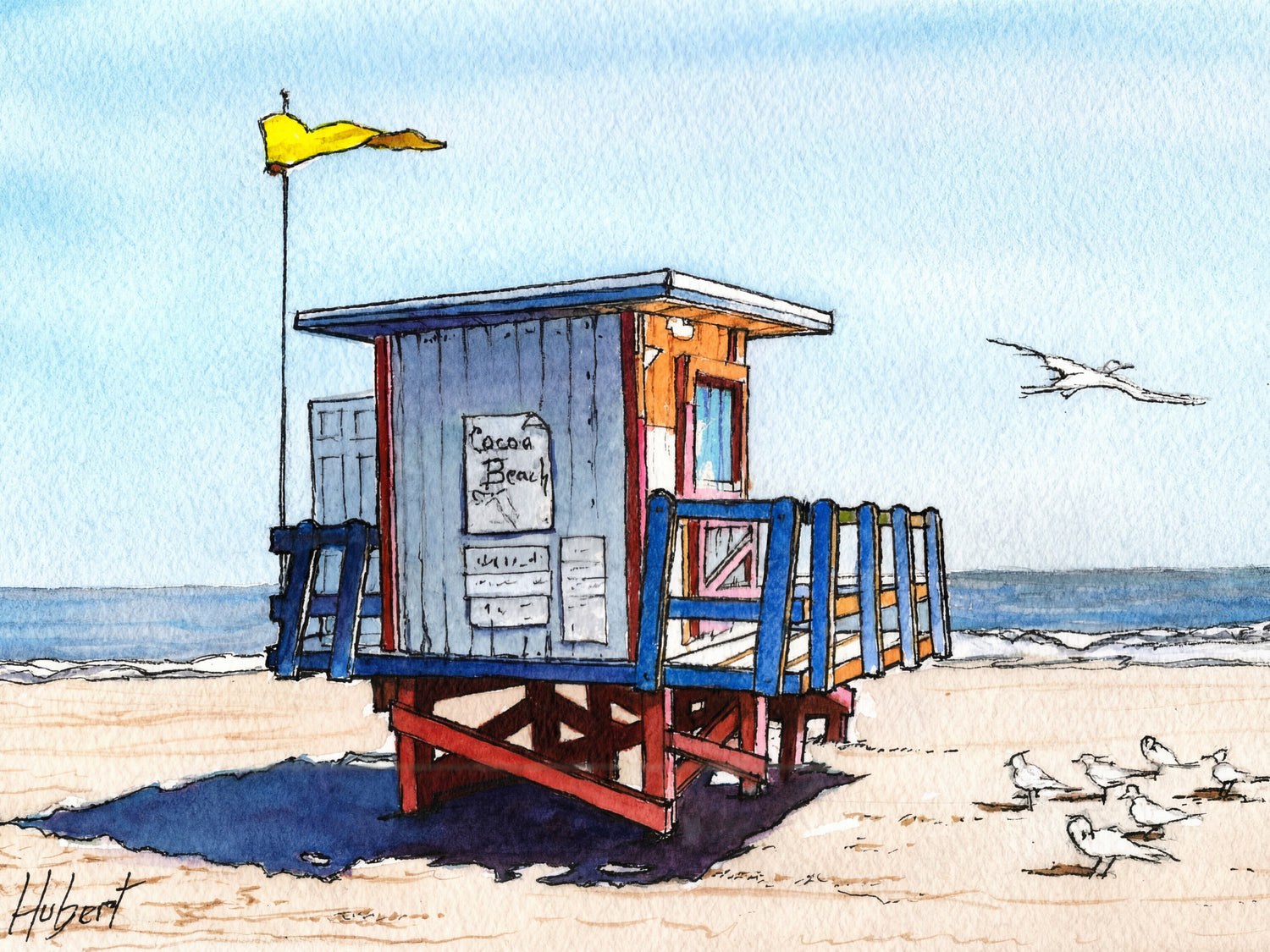 Watercolor art print of a Cocoa Beach lifeguard hut on sandy shore with a yellow flag, seagulls, and calm ocean horizon under a blue sky.