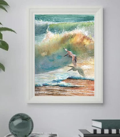 Pelican and Emerald Wave | Florida Coastal Watercolor