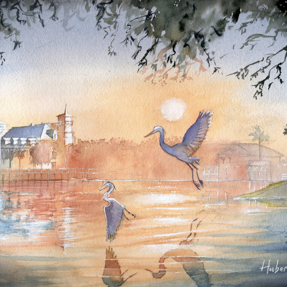 Celebration Florida Sunset | Herons Over the Lake – Original Watercolor Art Print