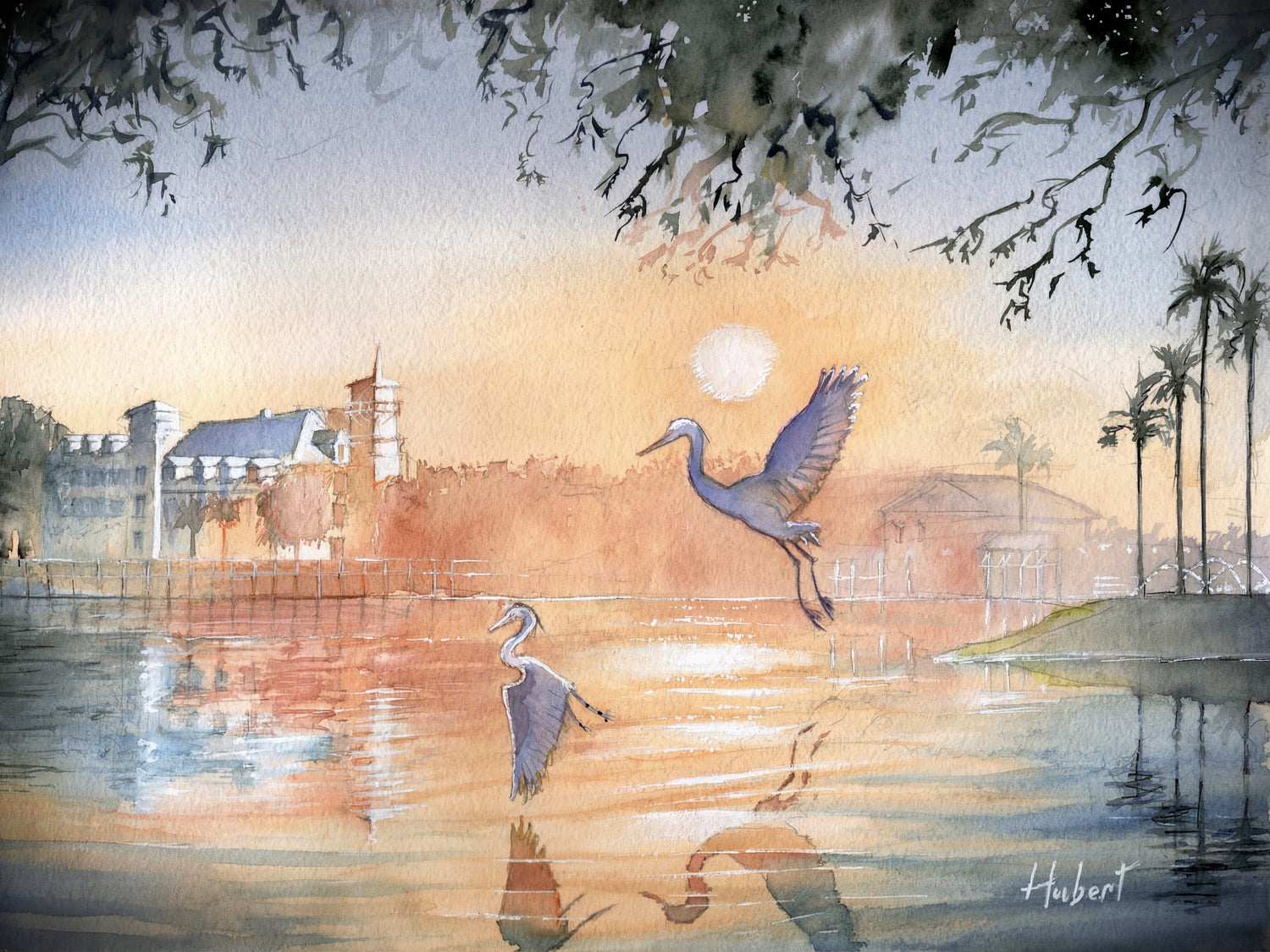Celebration Florida Sunset | Herons Over the Lake – Original Watercolor Art Print