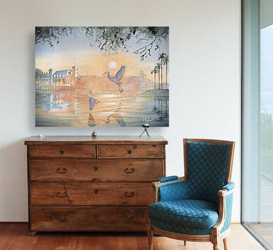 Celebration Florida Sunset | Herons Over the Lake – Original Watercolor Art Print