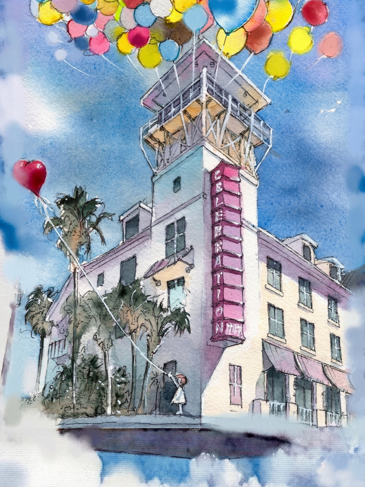 Watercolor painting of a Celebration Florida hotel tower with colorful balloons floating in the sky