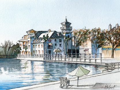 Watercolor of Celebration Florida lake with waterfront buildings, reflections, chair and umbrella