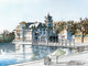 Watercolor of Celebration Florida lake with waterfront buildings, reflections, chair and umbrella