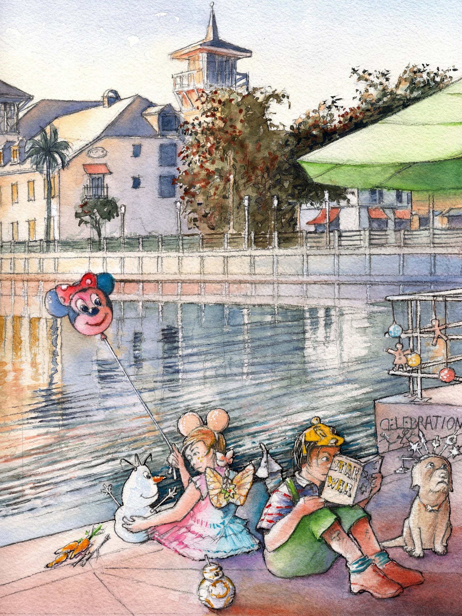 Watercolor of Celebration Florida lake scene with children, playful characters, reflections, and pastel architecture
