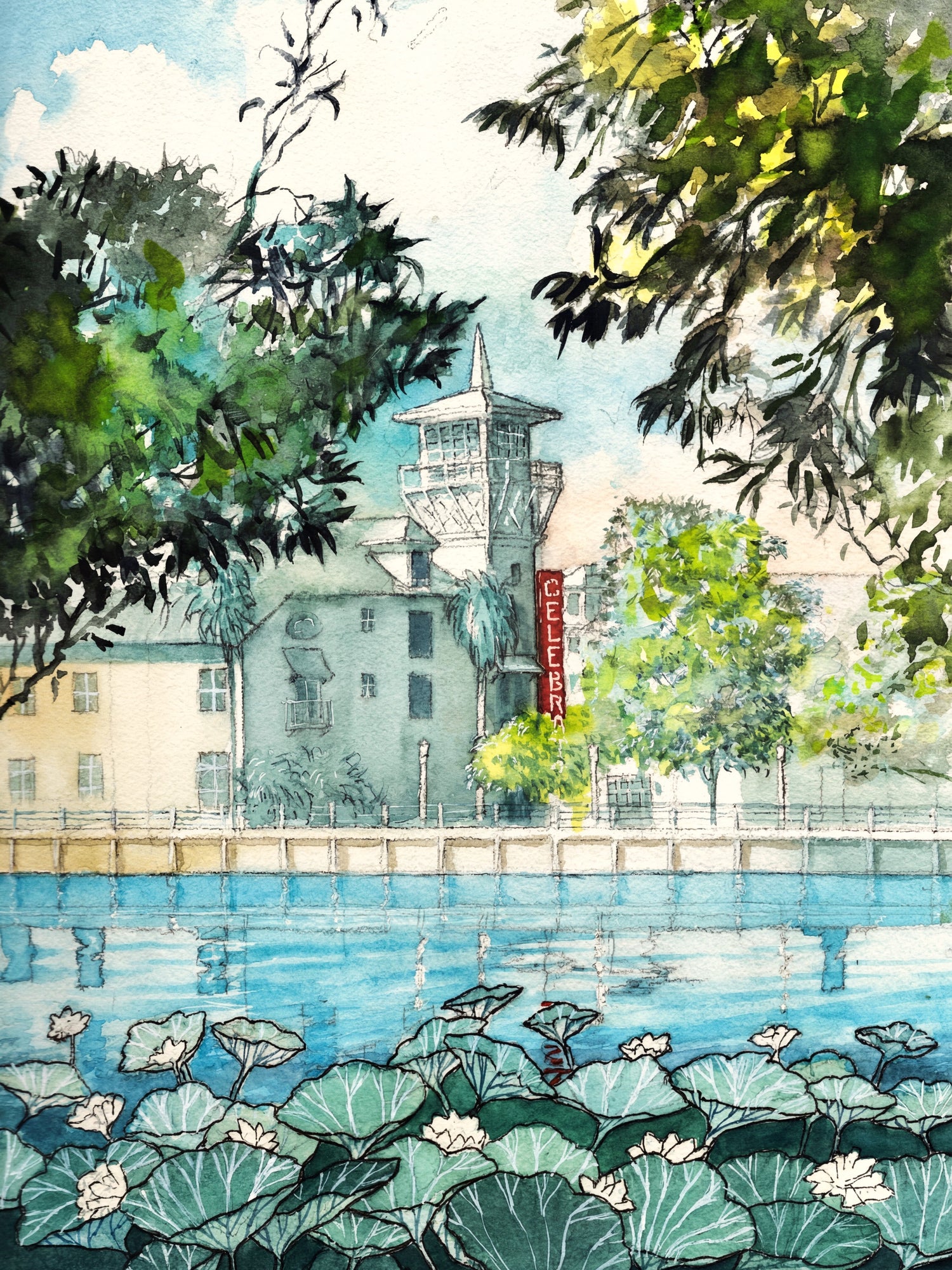 Watercolor painting of Celebration Florida lakeside hotel with water lilies in the foreground