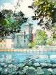 Watercolor painting of Celebration Florida lakeside hotel with water lilies in the foreground