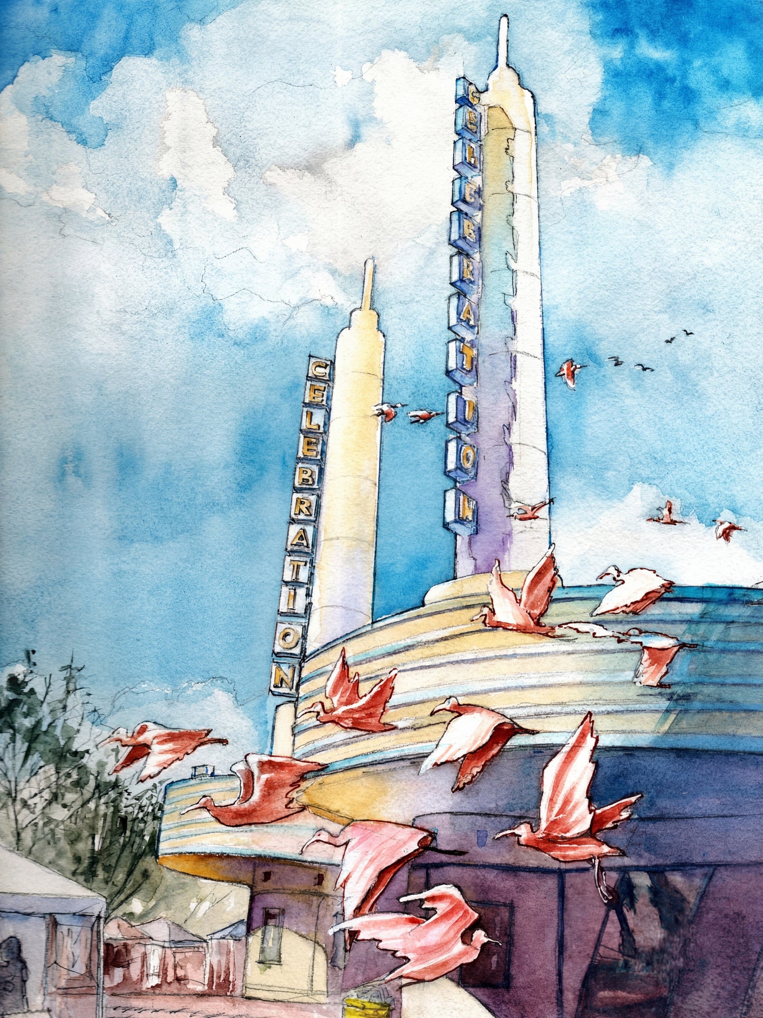 Watercolor painting of a Celebration Florida landmark with flying pink ibises against a blue sky