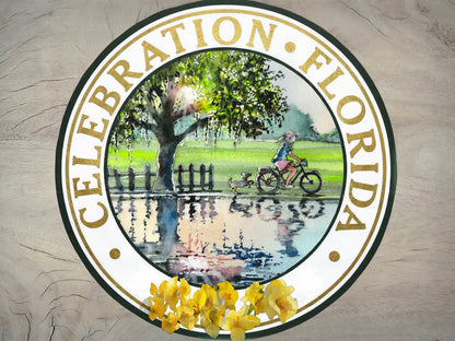 Circular watercolor inspired by the Celebration Florida seal showing a cyclist by the lake with reflections and greenery