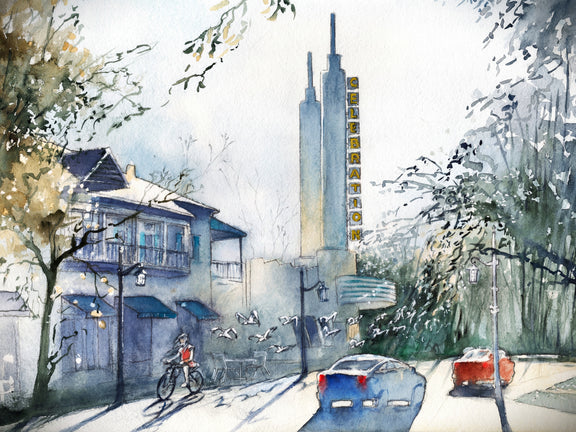 Watercolor of Celebration Florida street scene with iconic theater, cyclist, cars, and birds