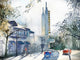 Watercolor of Celebration Florida street scene with iconic theater, cyclist, cars, and birds