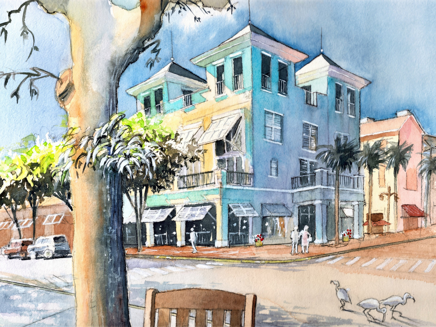 Watercolor of Celebration Florida town center with colorful buildings, palm trees and street scene