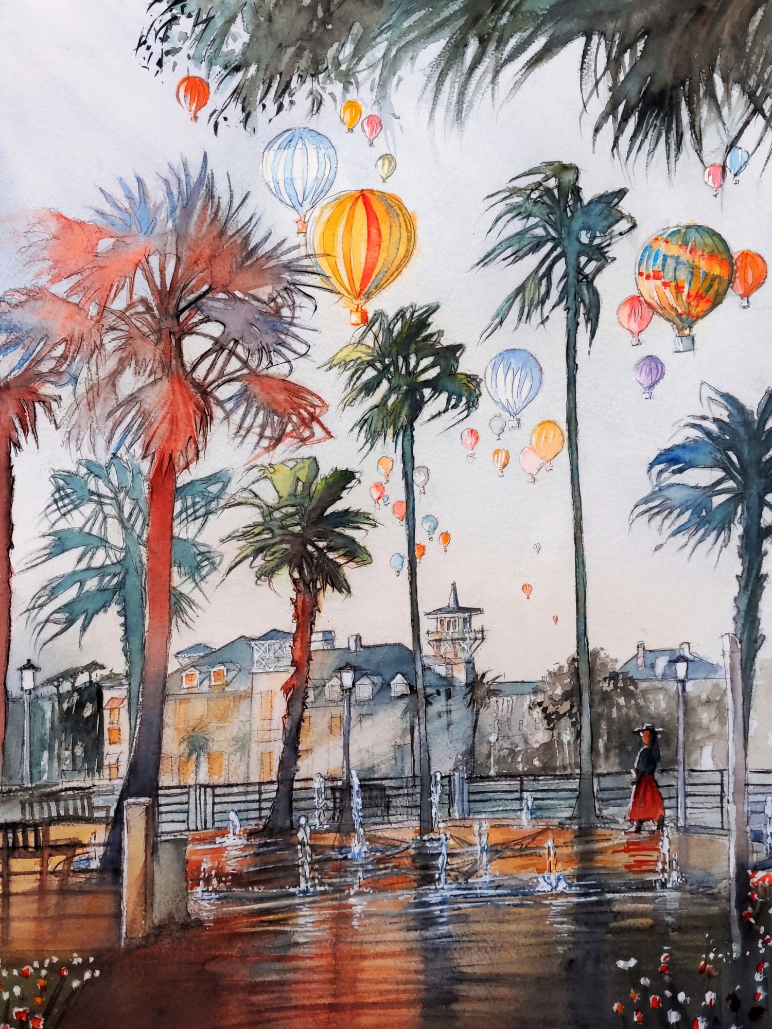 Watercolor painting of Celebration Florida with palm trees, fountains, and colorful hot air balloons floating above the town
