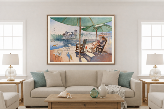 Living room with a large framed painting of Celebration florida on the lake
