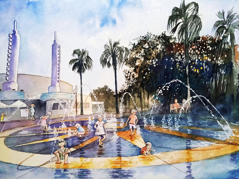 Children playing in a fountain in Celebration Florida watercolor painting by Hubert