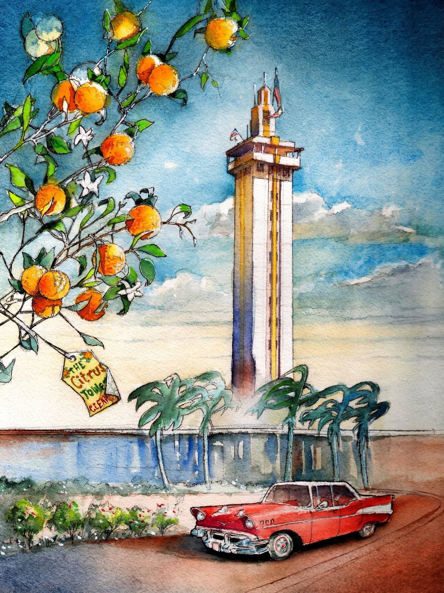 Watercolor painting of the Citrus Tower in Florida with orange trees, palm trees, and a vintage red car