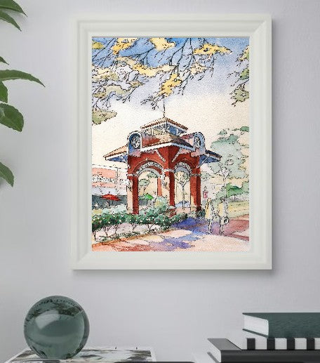 Winter Garden Clock Tower – Watercolor Art Print