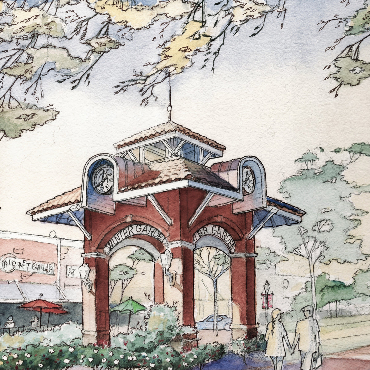 Winter Garden Clock Tower – Watercolor Art Print