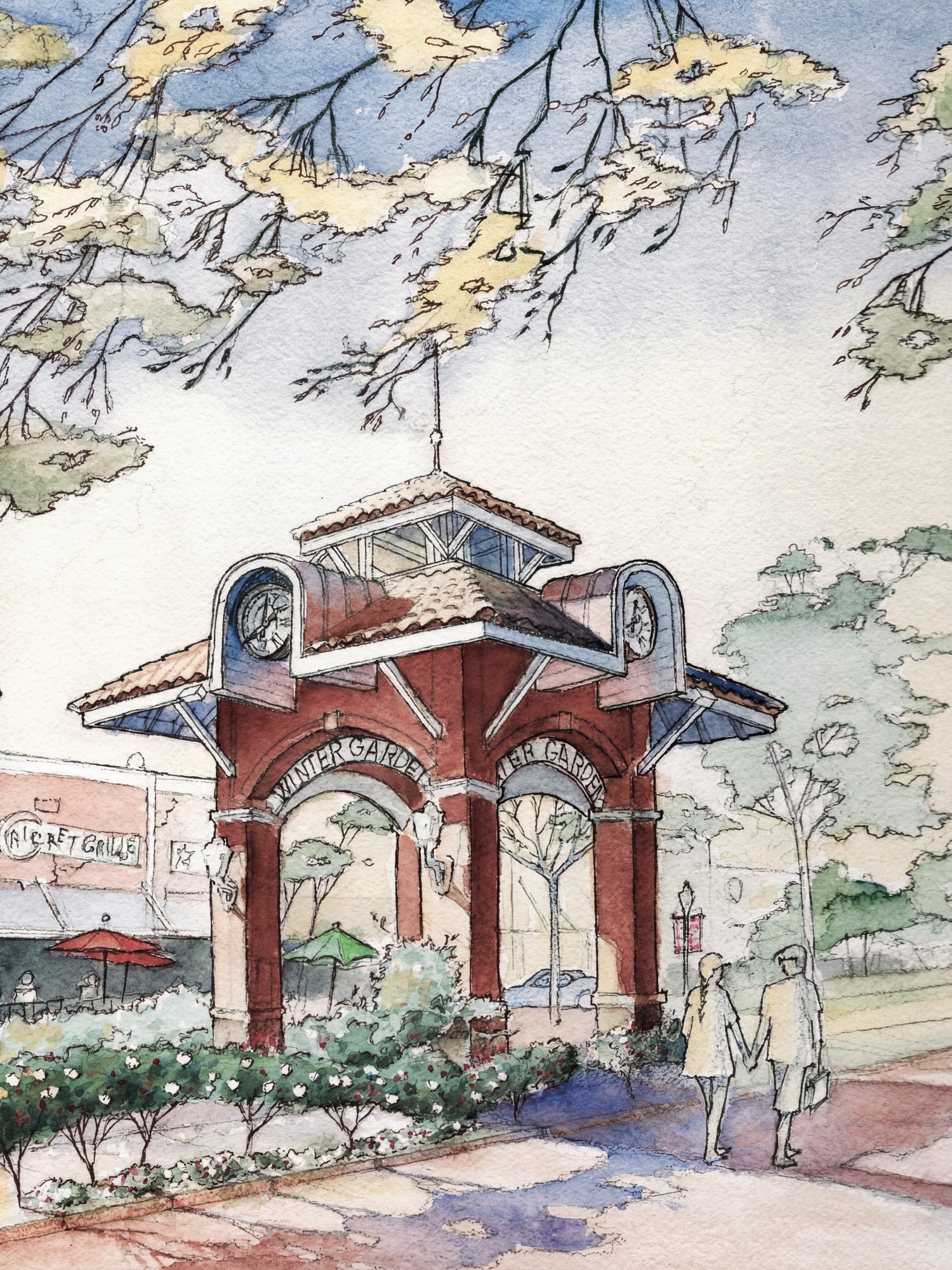 Winter Garden Clock Tower – Watercolor Art Print