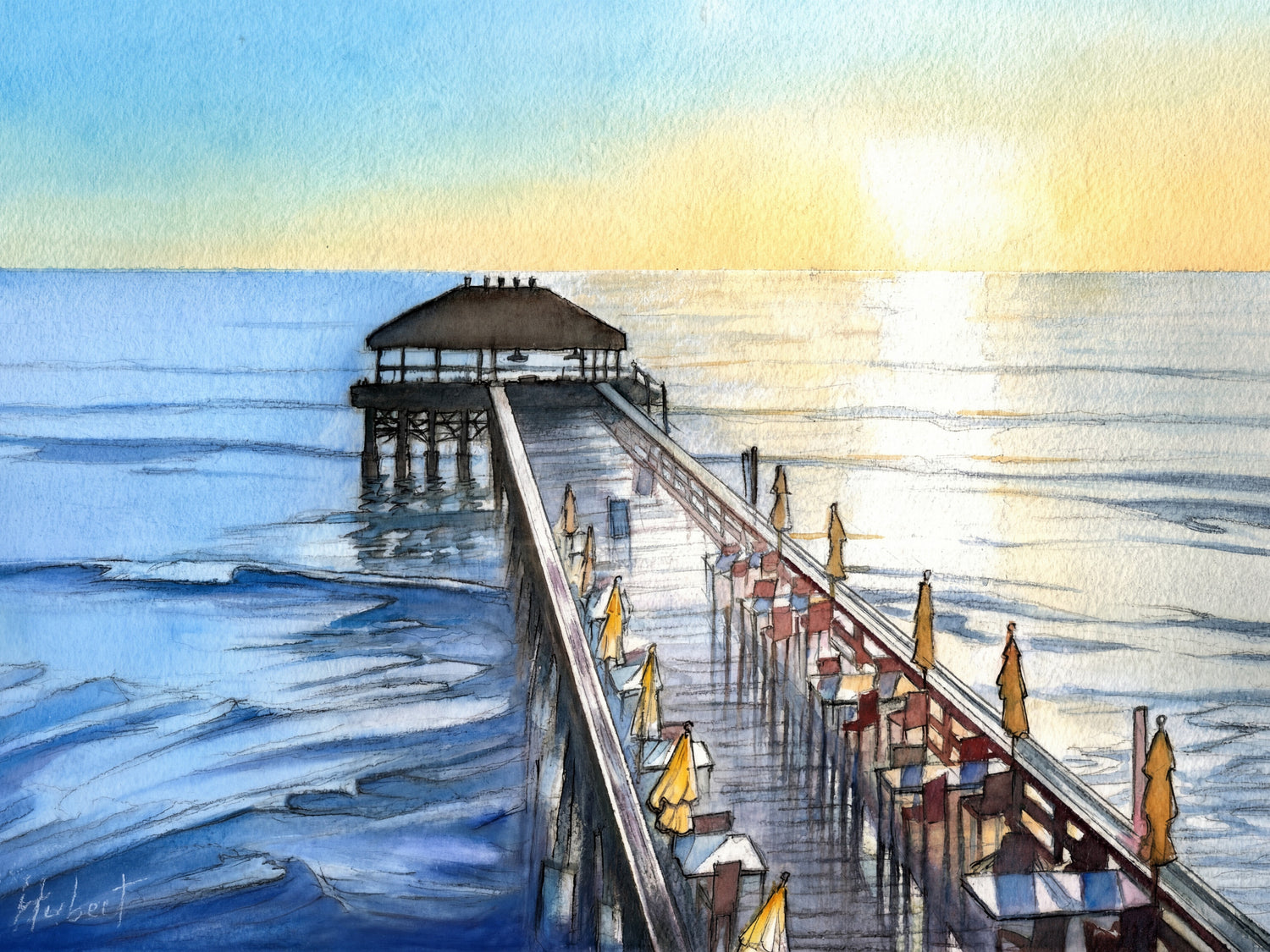 Watercolor art print of Cocoa Beach Pier stretching into the ocean at sunrise with golden sky, soft blue water, and glowing reflections along the pier.