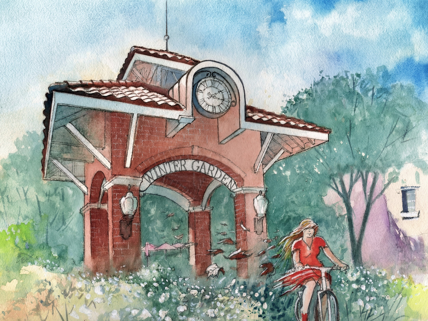 Watercolor painting of the Winter Garden clock tower in Florida with a cyclist riding through spring flowers and greenery