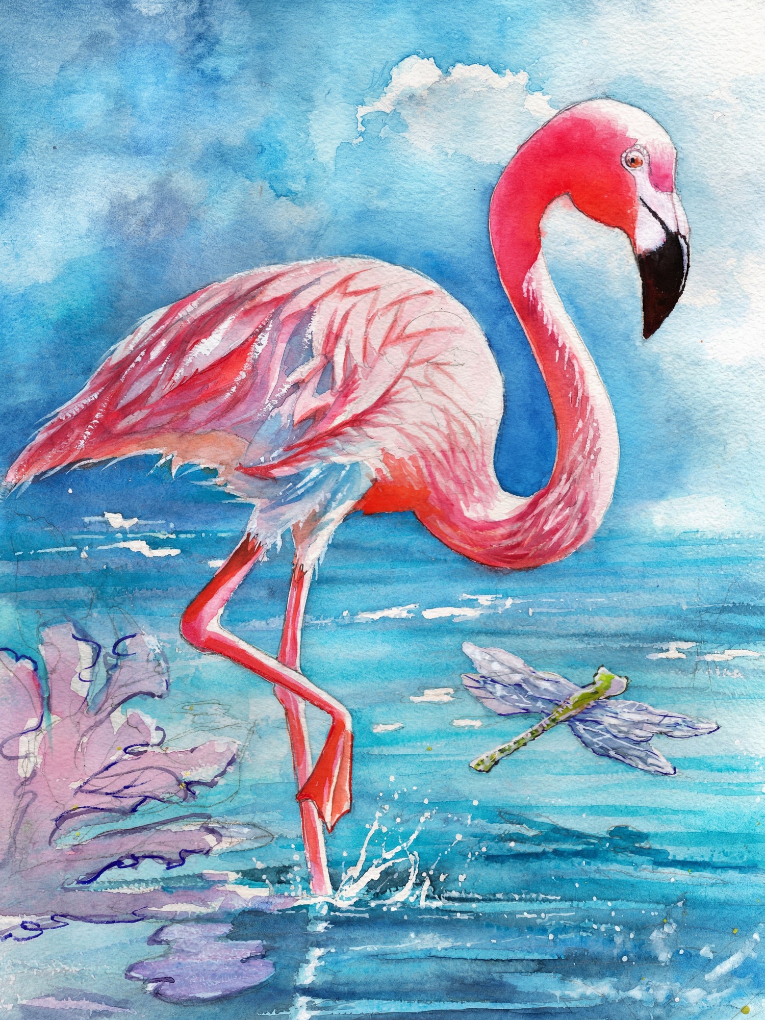 Flamingo & Dragonfly – Watercolor Art Print