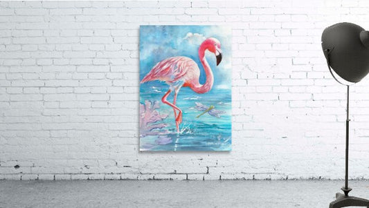 Flamingo & Dragonfly – Watercolor Art Print