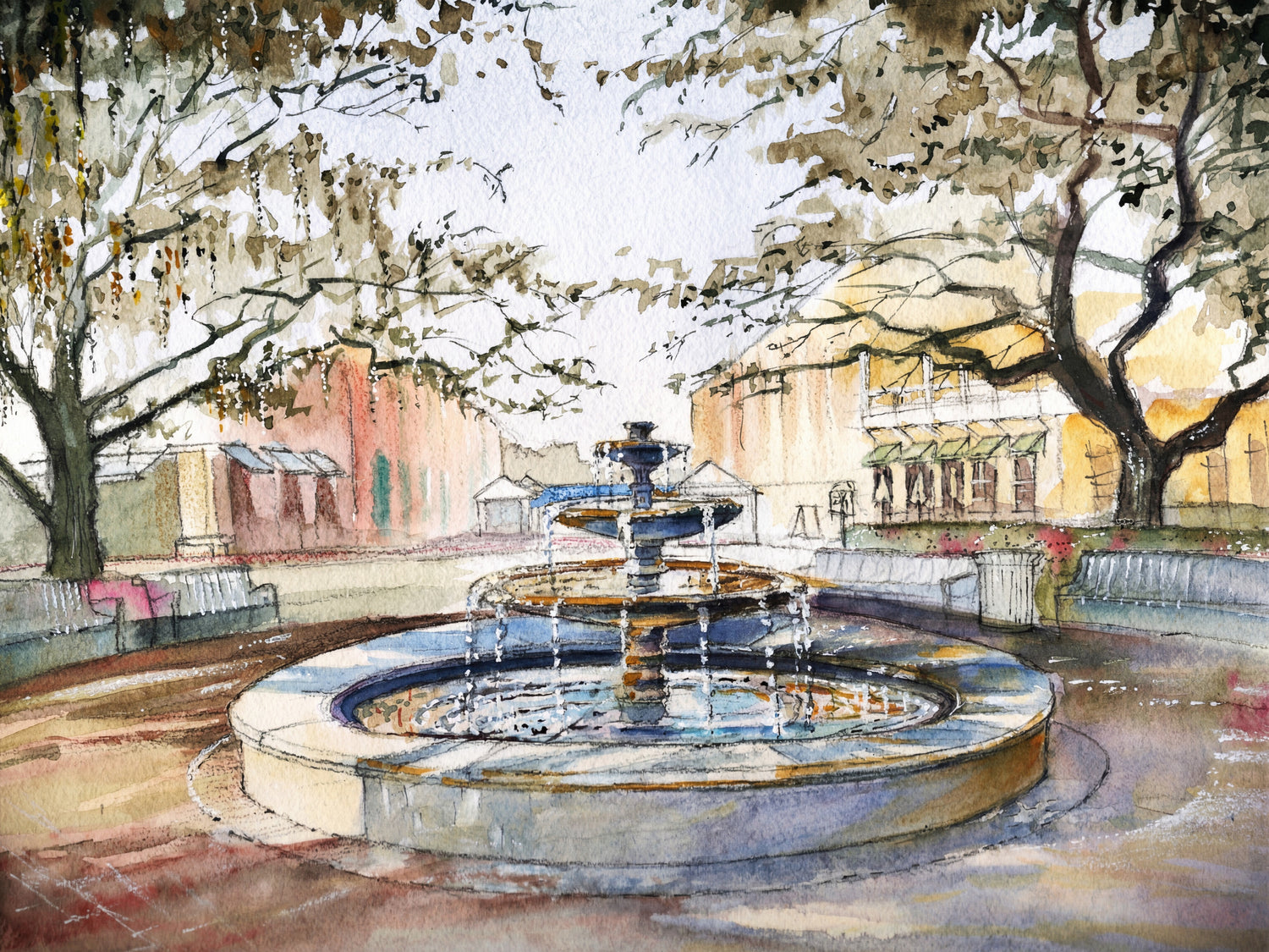 Watercolor painting of the central fountain in Celebration Florida, surrounded by trees and warm architecture, painted by Hubert