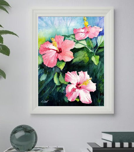 Three Pink Hibiscus Flowers – Watercolor Botanical Print