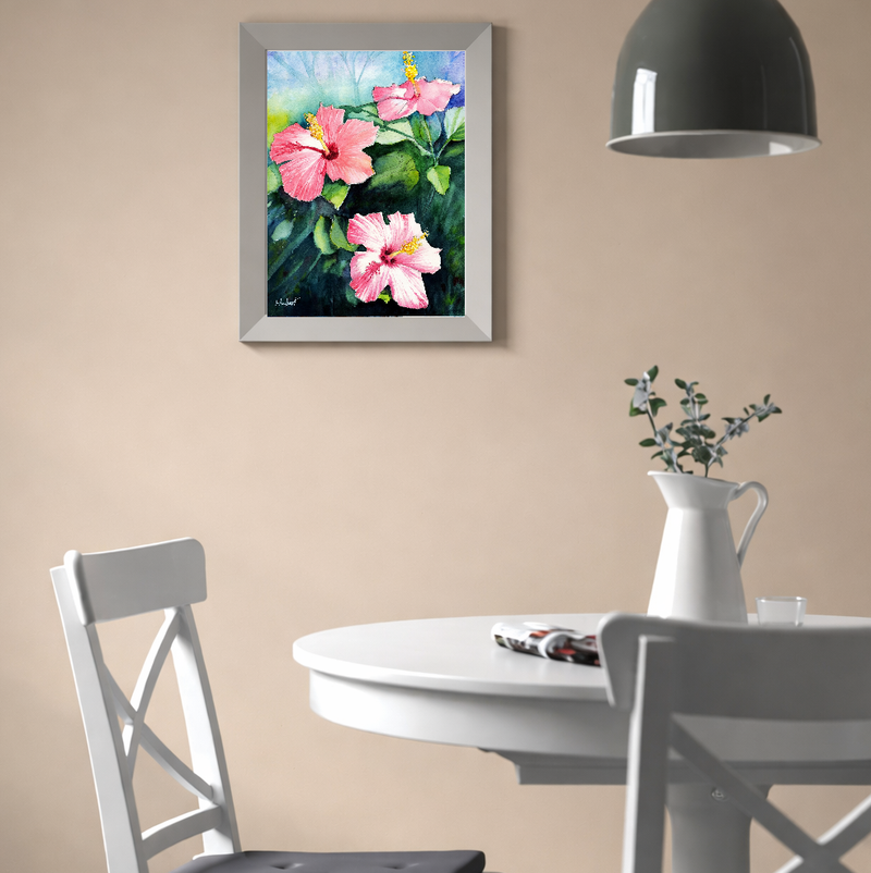 Three Pink Hibiscus Flowers – Watercolor Botanical Print