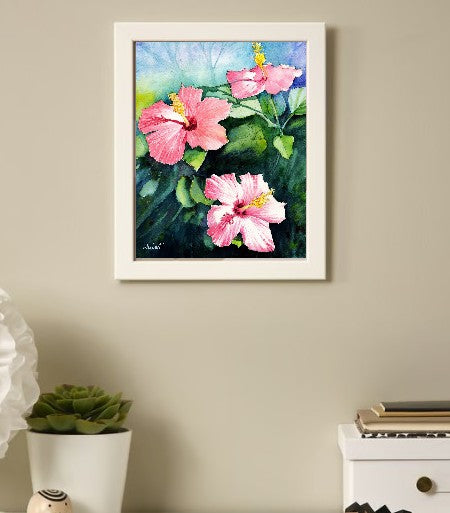 Three Pink Hibiscus Flowers – Watercolor Botanical Print