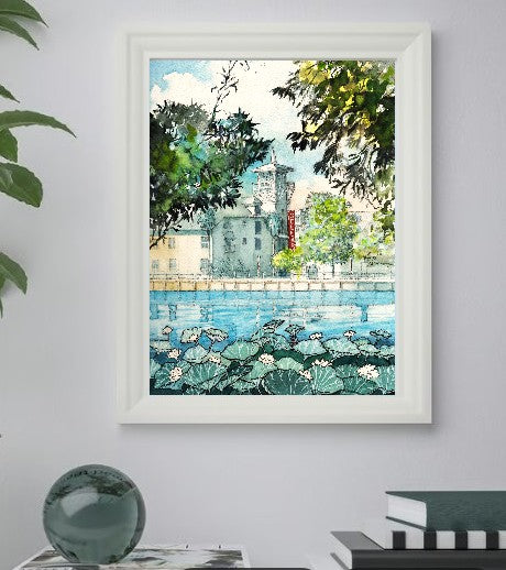 Celebration, Florida – Lakeside Hotel & Water Lilies | Original Watercolor Art Print
