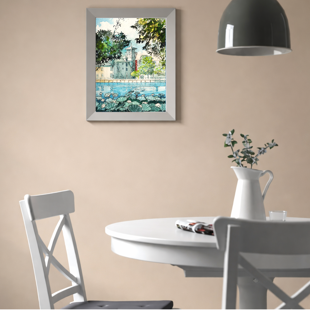 Celebration, Florida – Lakeside Hotel & Water Lilies | Original Watercolor Art Print