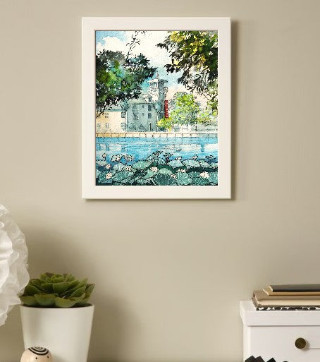 Celebration, Florida – Lakeside Hotel & Water Lilies | Original Watercolor Art Print