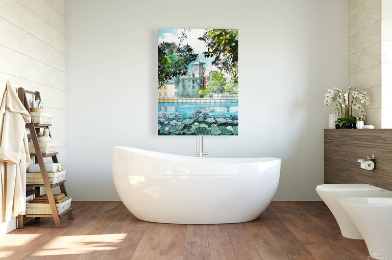 Celebration, Florida – Lakeside Hotel & Water Lilies | Original Watercolor Art Print