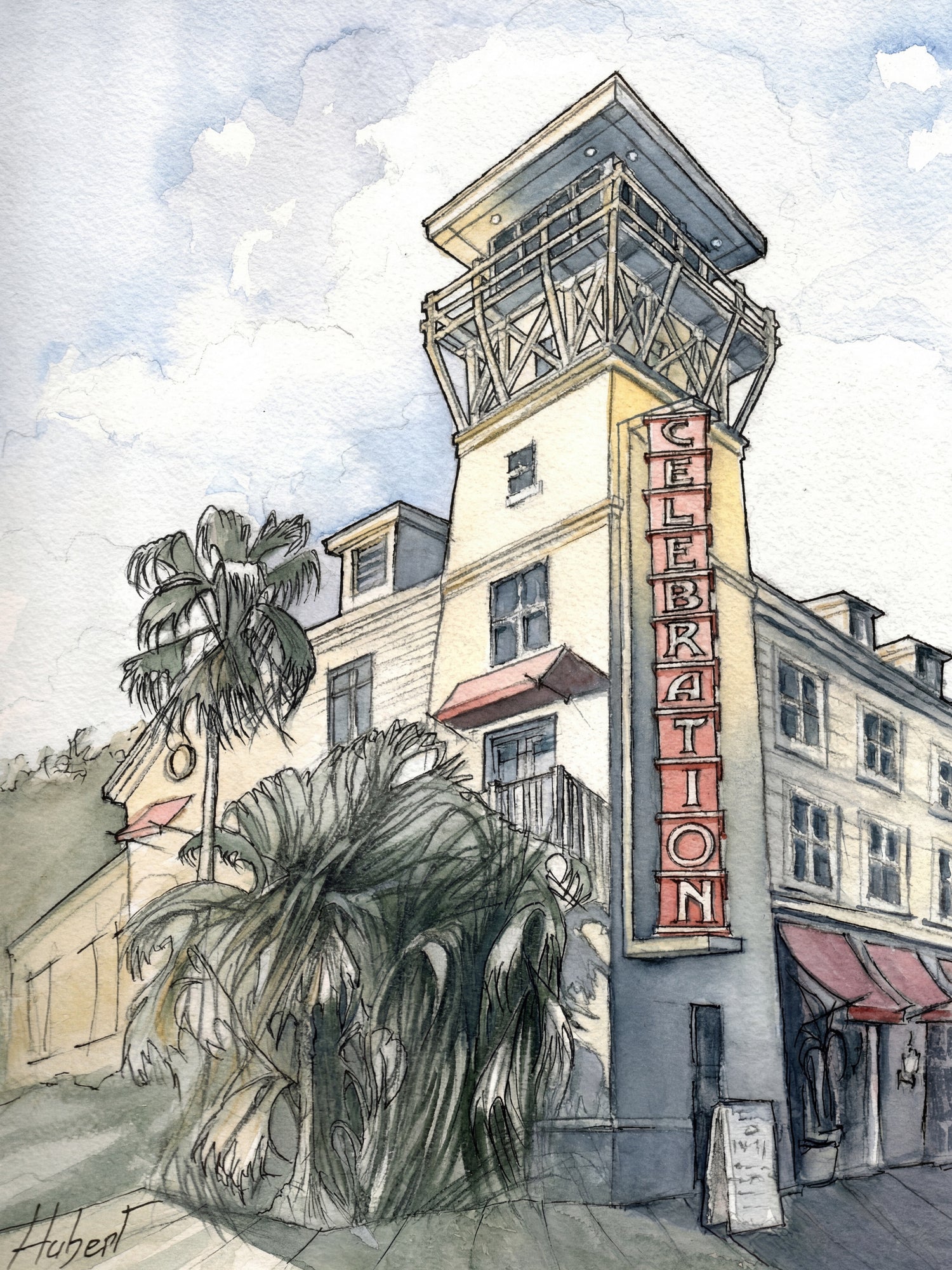 Watercolor painting of an iconic hotel tower in Celebration Florida with palm trees and a vertical sign