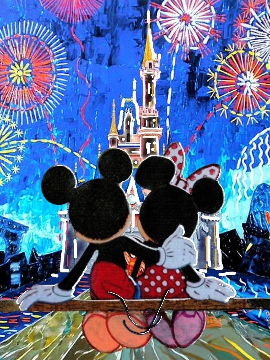 Romantic watercolor illustration of two iconic mouse-shaped silhouettes watching fireworks in front of a glowing fairytale castle at night