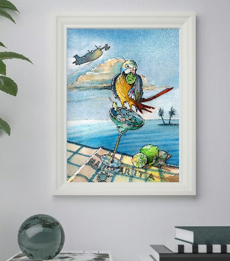Margarita Time – Tropical Parrot Watercolor Wall Art