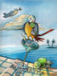 Watercolor painting of a colorful tropical parrot perched on a margarita glass with lime, ocean background.