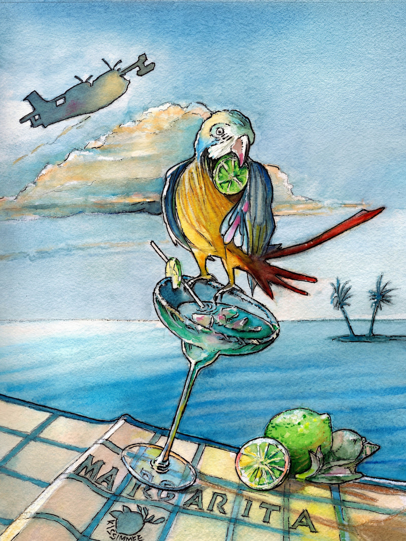 Watercolor painting of a colorful tropical parrot perched on a margarita glass with lime, ocean background.