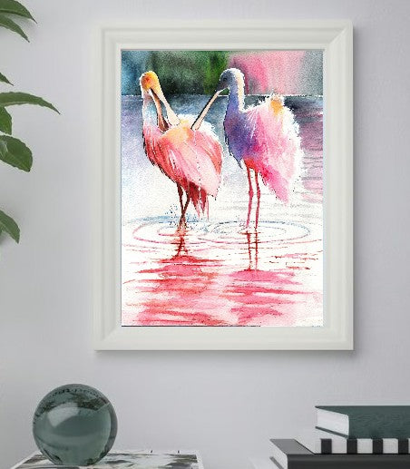Roseate Spoonbills Duo – Watercolor Art Print