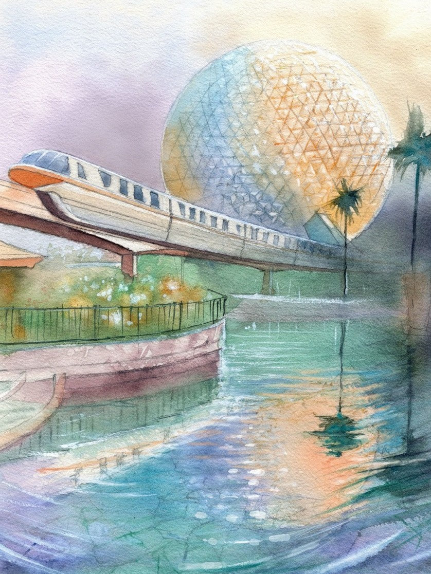 Futuristic watercolor painting of a monorail passing a glowing geodesic sphere reflected in calm water