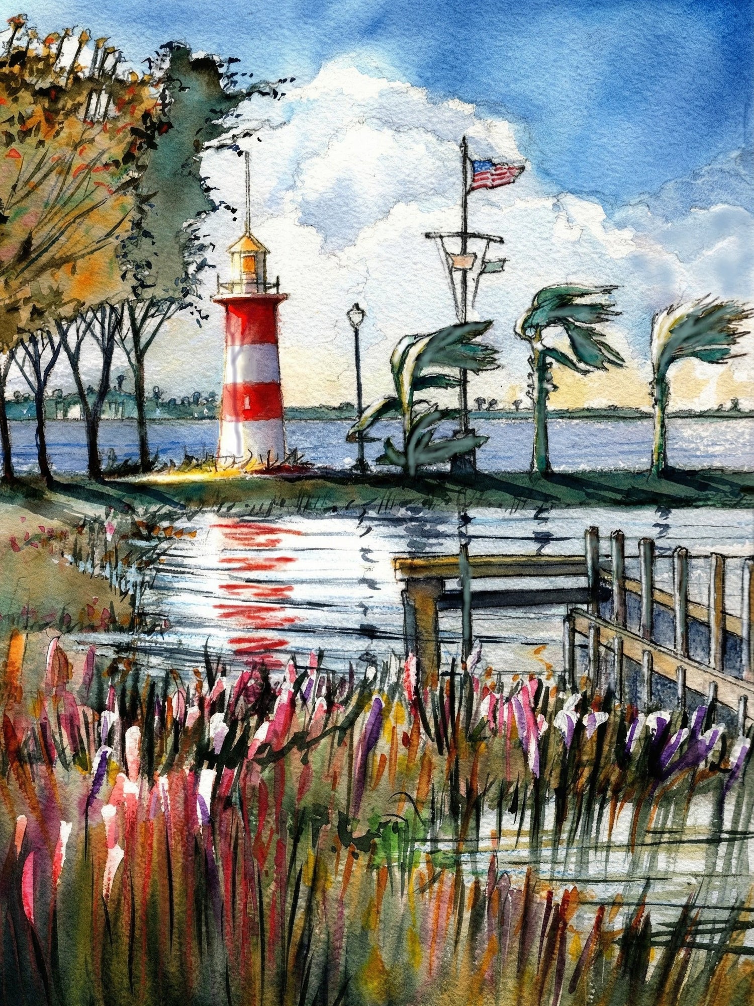 Watercolor painting of the Mount Dora lighthouse in Florida with palm trees, dock, and waterfront reflections