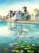 Watercolor painting of Celebration Florida lake with a heron flying above lily pads and calm blue water