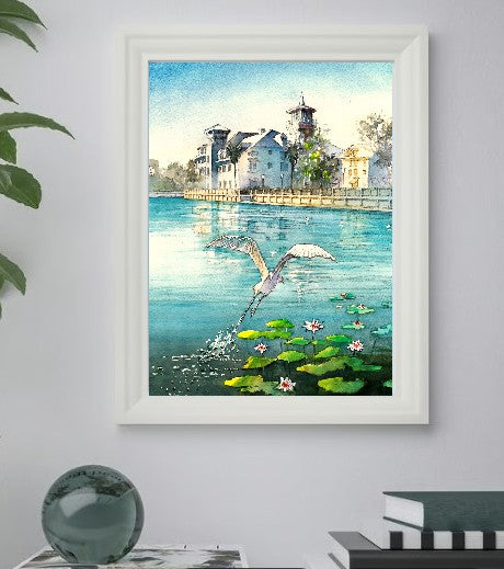 Celebration, Florida – Heron Over the Lake | Original Watercolor Art Print