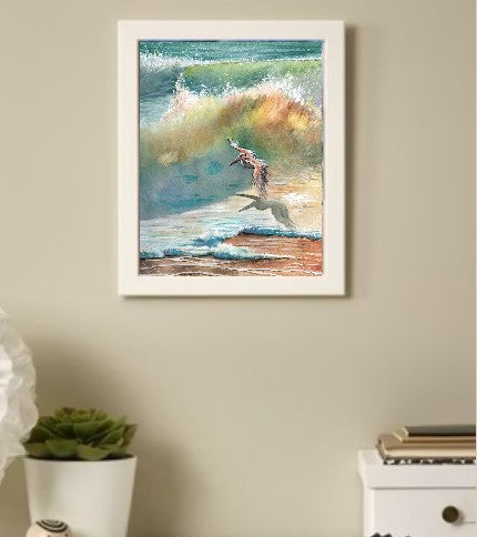 Pelican and Emerald Wave | Florida Coastal Watercolor