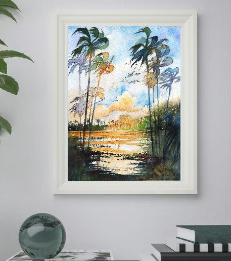 Tropical Palms & Golden Light – Watercolor Wall Art