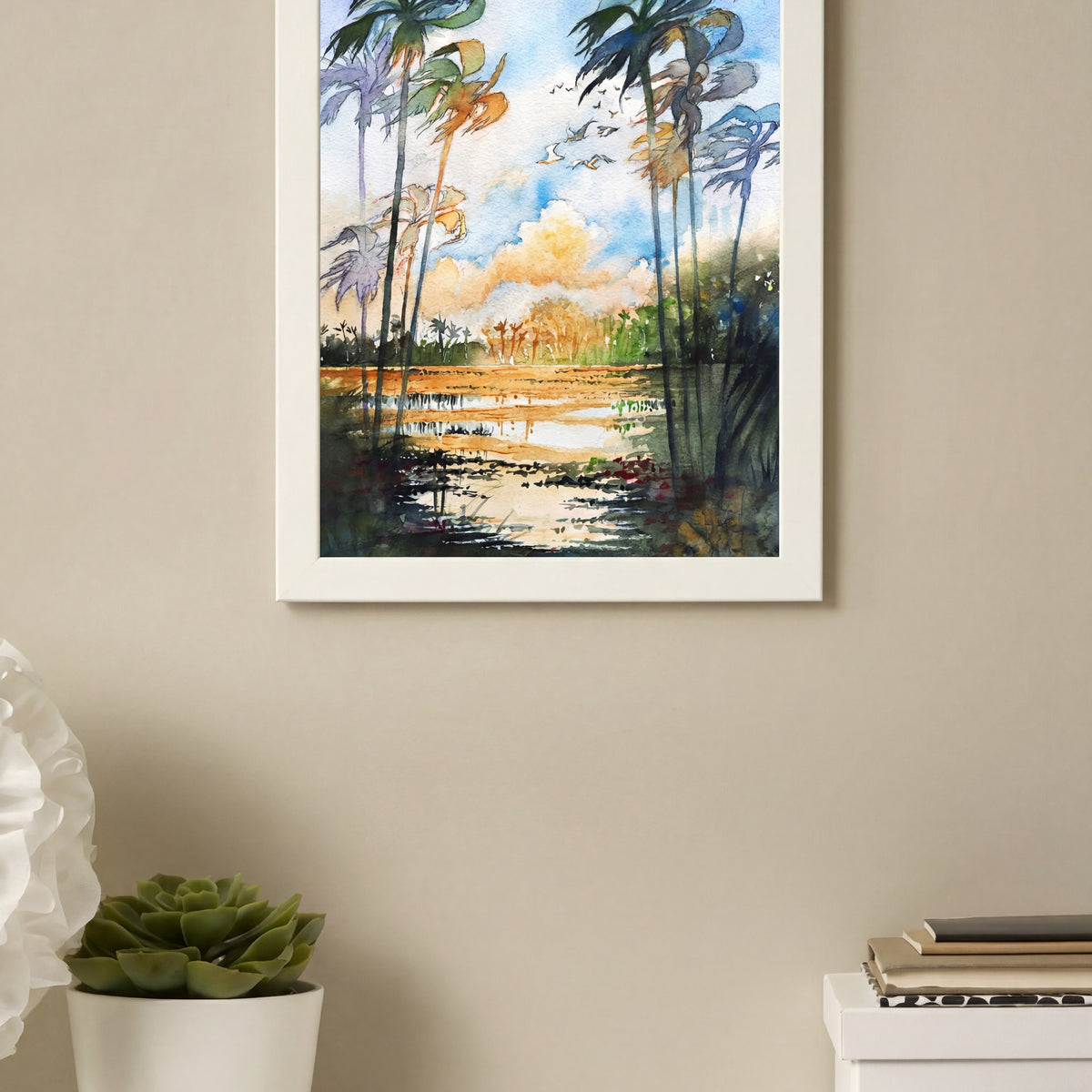 Tropical Palms & Golden Light – Watercolor Wall Art